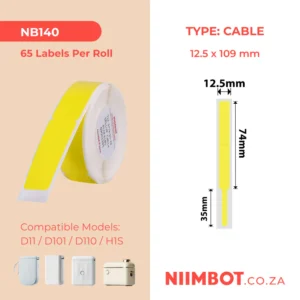 NIIMBOT – D11 / D101 / D110 / H1S – RXL 12.5X109MM – 65 LABELS PER ROLL – YELLOW CABLE