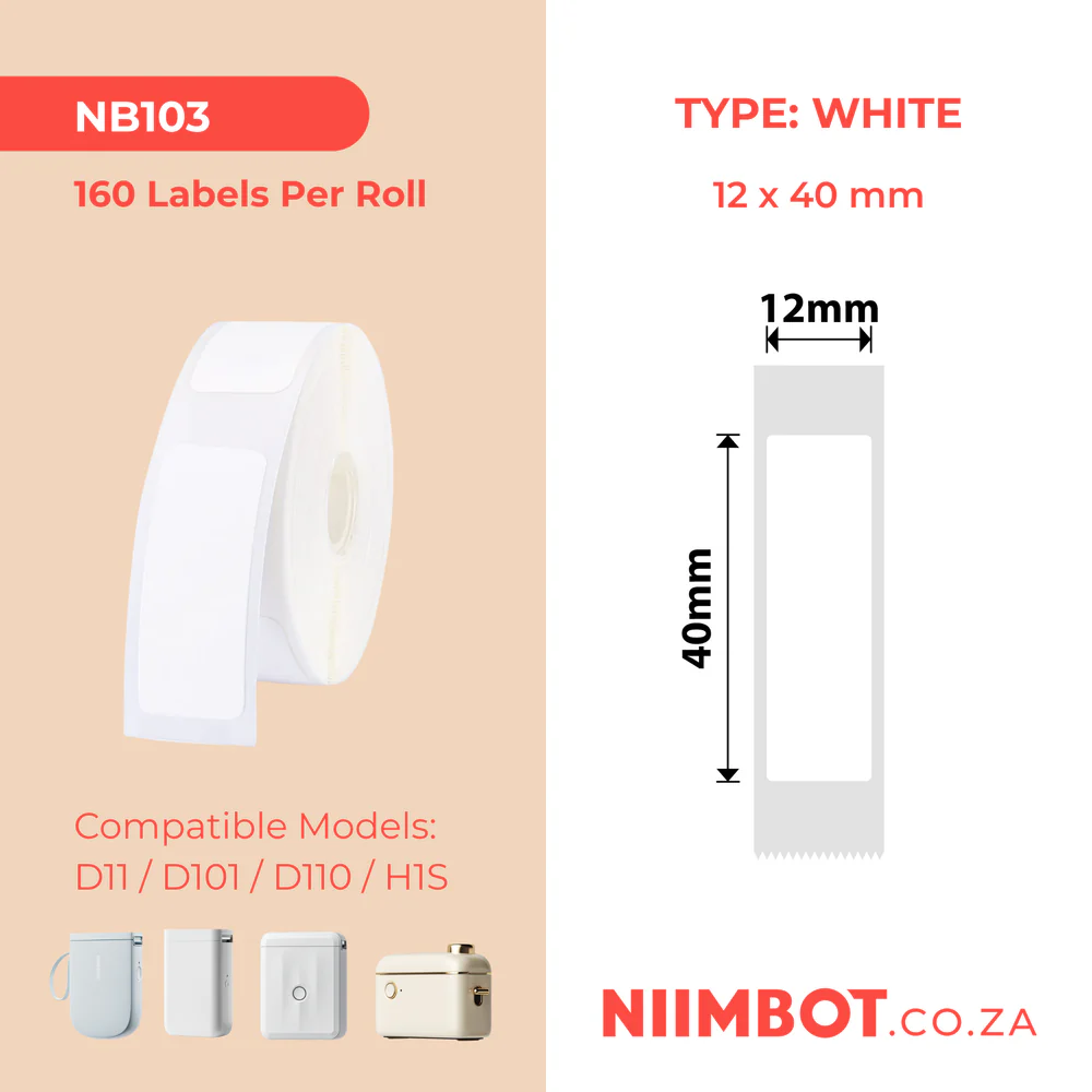 NIIMBOT – D11 / D101 / D110 / H1S – T12X40MM – 160 LABELS PER ROLL – WHITE