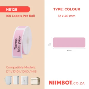 NIIMBOT – D11 / D101 / D110 / H1S – 12X40MM – 160 THERMAL LABELS – SOLID PINK