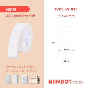 NIIMBOT – D11 / D101 / D110 / H1S – 14X28MM – 220 LABELS PER ROLL – TWIN ROUND – WHITE