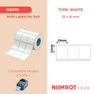 NIIMBOT - K3 ONLY - T25X15MM/3L2R - 5,400 LABELS PER ROLL - WHITE