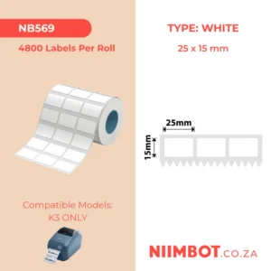 NIIMBOT - K3 ONLY - T25X15MM/3L - 4,800 LABELS PER ROLL - WHITE