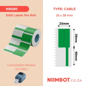 NIIMBOT - K3 ONLY - T38X25+40MM - 1,000 LABELS PER ROLL - GREEN CABLE