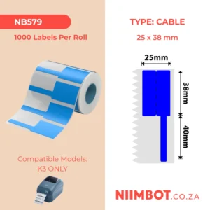 NIIMBOT - K3 ONLY - T38X25+40MM - 1,000 LABELS PER ROLL - BLUE CABLE