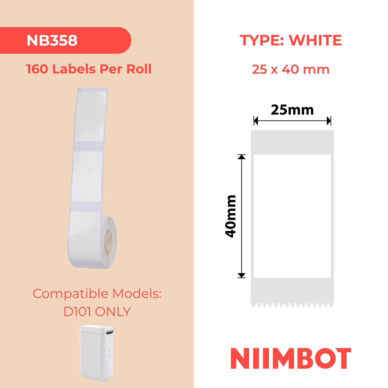 NIIMBOT – D101 ONLY – 25X40MM – 160 WHITE LABELS