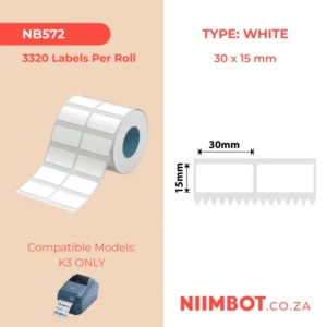 NIIMBOT - K3 ONLY - T30X15MM/2L - 3,320 LABELS PER ROLL - WHITE