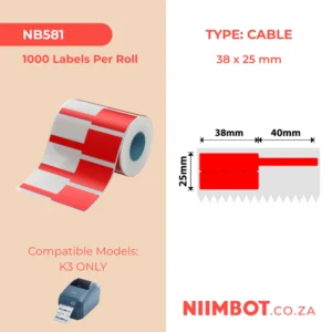 NIIMBOT - K3 ONLY - T38X25+40MM - 1,000 LABELS PER ROLL - RED CABLE