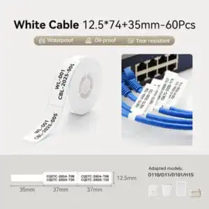 NIIMBOT – D11 / D101 / D110 / H1S – RXL 12.5X109MM – 65 LABELS PER ROLL – CABLE – WHITE