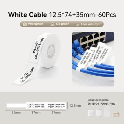 NIIMBOT – D11 / D101 / D110 / H1S – RXL 12.5X109MM – 65 LABELS PER ROLL – CABLE – WHITE