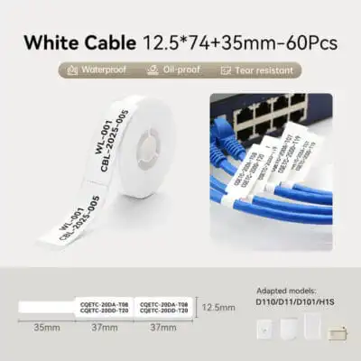 NIIMBOT – D11 / D101 / D110 / H1S – RXL 12.5X109MM – 65 LABELS PER ROLL – CABLE – WHITE