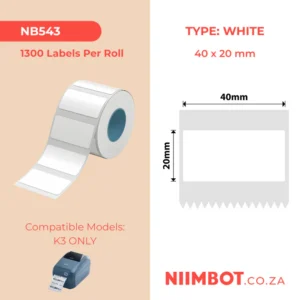 NIIMBOT - K2 / K3 - T40X20MM - 1,300 LABELS PER ROLL - WHITE