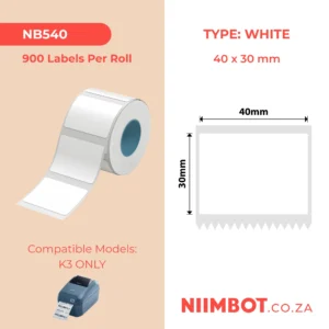 NIIMBOT - K2 / K3 - T40X30MM - 900 LABELS PER ROLL - WHITE