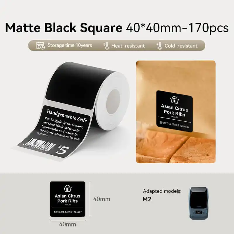 Thermal Transfer Label Printer Labels for M2 M3 40x40mm-170pcs Matte Black Square