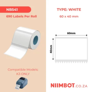 NIIMBOT - K2 / K3 - T60X40MM - 690 LABELS PER ROLL - WHITE