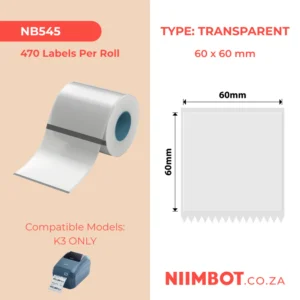 NIIMBOT - K2 / K3 - TT60X60MM - 470 LABELS PER ROLL - TRANSPARENT