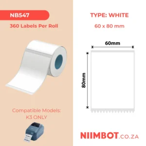 NIIMBOT - K2 / K3 - T60X80MM - 360 LABELS PER ROLL - WHITE