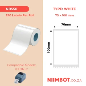 NIIMBOT - K3 ONLY - T70X100MM - 290 LABELS PER ROLL - WHITE