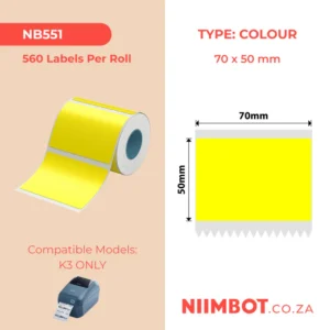 NIIMBOT - K3 ONLY - T70X50MM - 560 LABELS PER ROLL - YELLOWNIIMBOT - K3 ONLY - T70X50MM - 560 LABELS PER ROLL - YELLOW