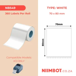 NIIMBOT - K3 ONLY - T70X80MM - 360 LABELS PER ROLL - WHITE
