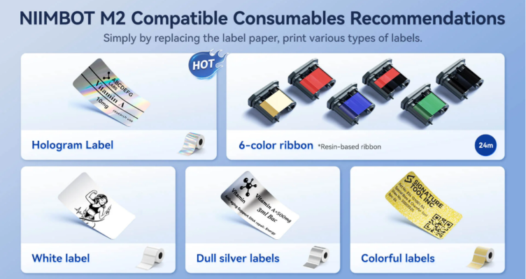 Niimbot M2 Thermal Transfer Label Printer Golden/White Ribbon and Black Self Adhesive Wine Bottle DIY Labels for Home Bussiness