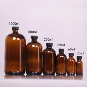 Amber Boston Round Glass Bottle with Black Screw Cap – 250ml & 500ml