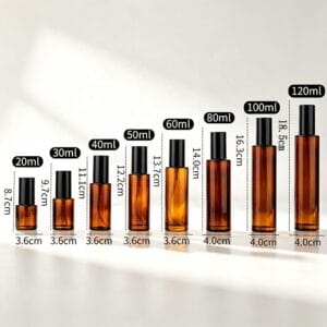 Refillable Amber Glass Spray Bottle with Black Mist Pump – 20ml to 120ml
