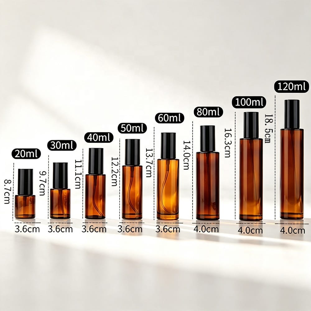 Refillable Amber Glass Spray Bottle with Black Mist Pump – 20ml to 120ml